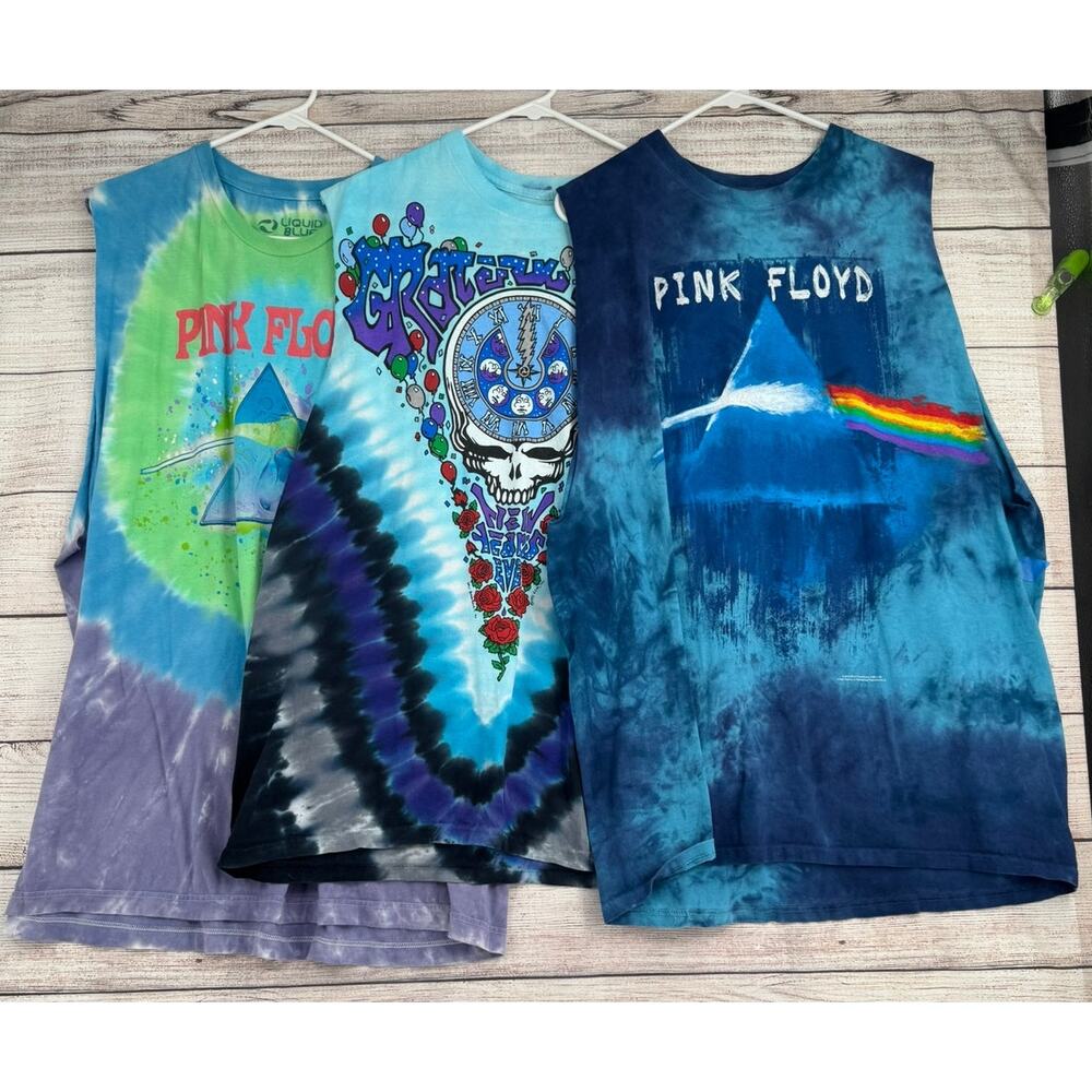 Lot of 3 Liquid Blue Pink Floyd Grateful Dead Tie Dye T-shirts 2XL Hand Cut Tank